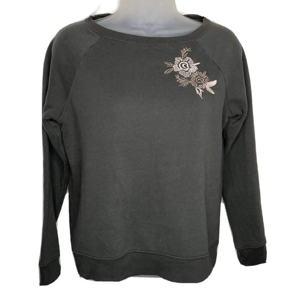 Betsey Johnson Embroidered Floral Sweatshirt Size XS Fleece Lined Gray Pullover